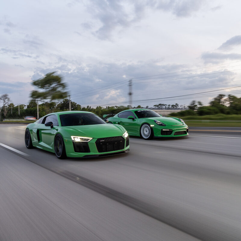 7C Wheels, Audi R8 and Porsche Cayman GT4 on highway