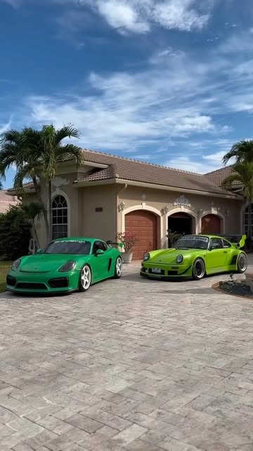 Matching green Porsche Cayman and 911 wraps